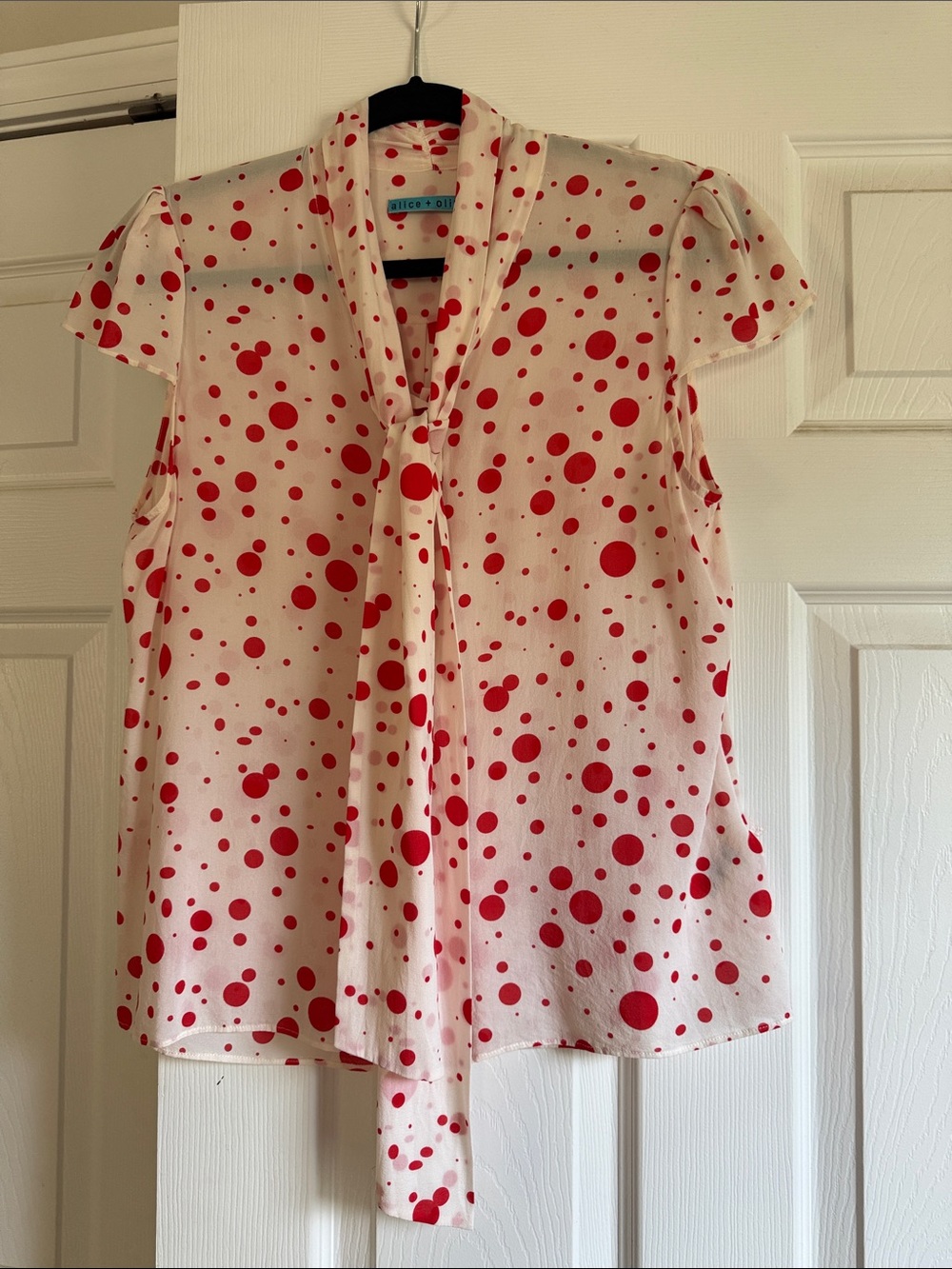 Alice + Olivia Cream Blouse with Red Polka Dots and Tie Neck